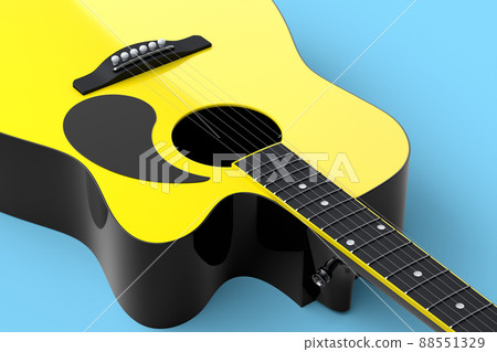Close-up of acoustic guitar isolated on blue background. 3d render of concept for rock festival poster with spanish guitar for music shop Close-up of acoustic guitar isolated on blue background. 3d render of concept for rock festival poster with spanish guitar for music shop 88551329