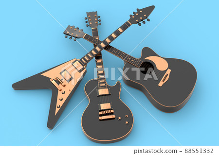 Set of electric acoustic guitar isolated on blue background. 3d render of concept for rock festival poster with heavy metal guitar for music shop Set of electric acoustic guitar isolated on blue background. 3d render of concept for rock festival poster with heavy metal guitar for music shop 88551332