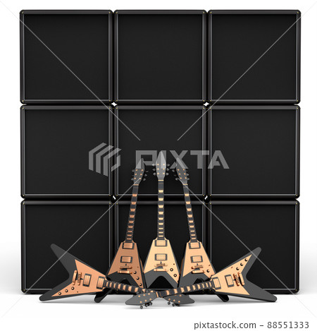 Set of electric acoustic guitar and amplifier on white background. 3d render of concept for rock festival poster with heavy metal guitar for music shop Set of electric acoustic guitar and amplifier on white background. 3d render of concept for rock festival poster with heavy metal guitar for music shop 88551333