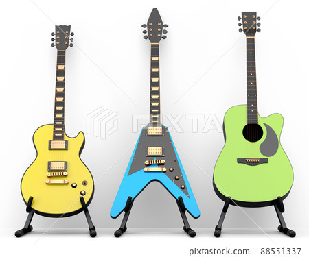 Set of electric acoustic guitar isolated on white background. 3d render of concept for rock festival poster with heavy metal guitar for music shop Set of electric acoustic guitar isolated on white background. 3d render of concept for rock festival poster with heavy metal guitar for music shop 88551337