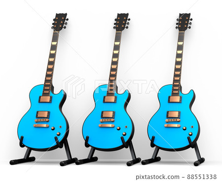 Set of electric acoustic guitar isolated on white background. 3d render of concept for rock festival poster with heavy metal guitar for music shop Set of electric acoustic guitar isolated on white background. 3d render of concept for rock festival poster with heavy metal guitar for music shop 88551338
