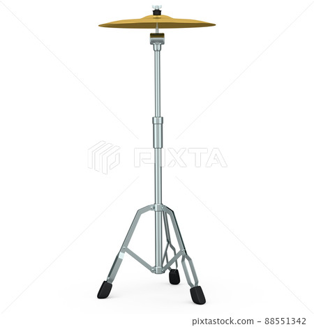 Metal cymbal on a stand on white background. 3d render concept of musical percussion instrument, drum machine. Metal cymbal on a stand on white background. 3d render concept of musical percussion instrument, drum machine. 88551342