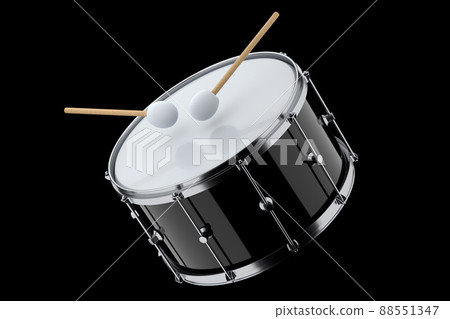 Realistic drum and wooden drum sticks on black background. 3d render concept of musical instrument, drum machine. Realistic drum and wooden drum sticks on black background. 3d render concept of musical instrument, drum machine. 88551347