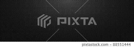 Black metal background. Perforated dark texture with light. Carbon sheet with holes. Abstract steel wallpaper wide. Modern composite material. Vector illustration 88551444