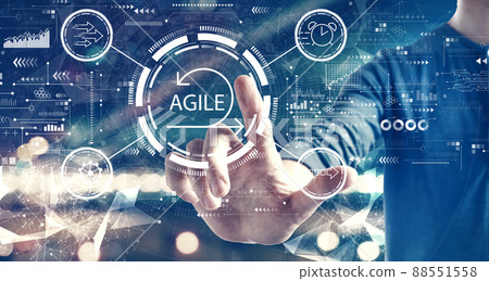 Agile concept with a man on city background Agile concept with a man on city background 88551558