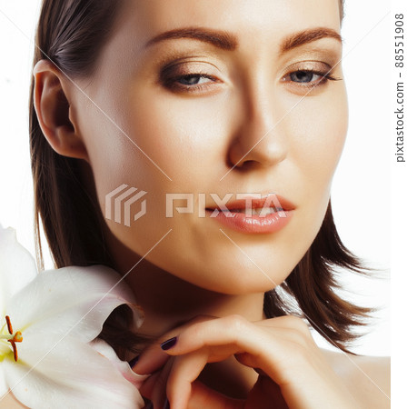 young pretty woman with big white flower close up isolated on white, hands manicure, spa people concept young pretty woman with big white flower close up isolated on white, hands manicure, spa people concept 88551908