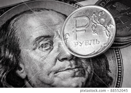 Ruble coin vs US dollar bill, money of Russia and USA Ruble coin vs US dollar bill, money of Russia and USA 88552045