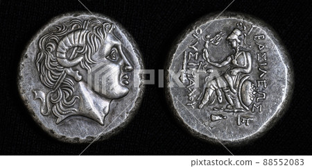 Ancient coin with Alexander the Great portrait, inscription King Lysimachus on Greek 88552083