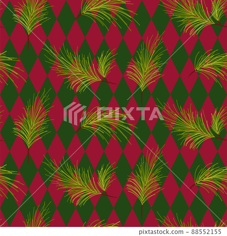 Harlequin or argyle pattern green and red with pine tree branches. Christmas theme colors. 88552155