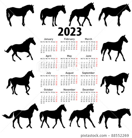 Calendar for 2023 of horse silhouettes isolated on white background 88552269