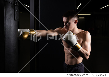 Athlete bag boxer practices The blows the glove black young male boxing, from muscular fighter for combat from caucasian hit, shadow martial. Athletic victory dark, Athlete bag boxer practices The blows the glove black young male boxing, from muscular fighter for combat from caucasian hit, shadow martial. Athletic victory dark, 88553571