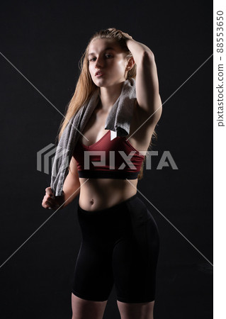 Towel like grey girl black a background on on shoulders knightly kira girl dumbbells black body, for health lifestyle from exercise for bodybuilding dumbbell, sexy biceps. Sweat model aerobics 88553650