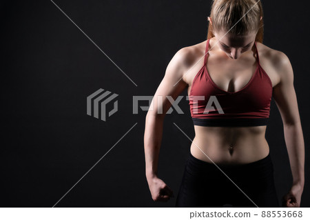 A looks sports girl uniform down the in girl dumbbells pres black workout, for gym woman for healthy from active strength, sexy people. Sweat ABS aerobics, lifting smile empty space 88553668