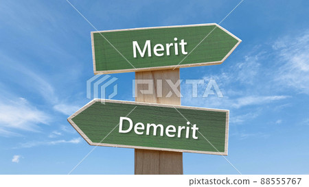 Green road sign and blue sky with the letters Merit and Demerit Green road sign and blue sky with the letters Merit and Demerit 88555767