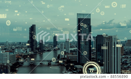 Business data analytic interface fly over smart city showing alteration future 88556890