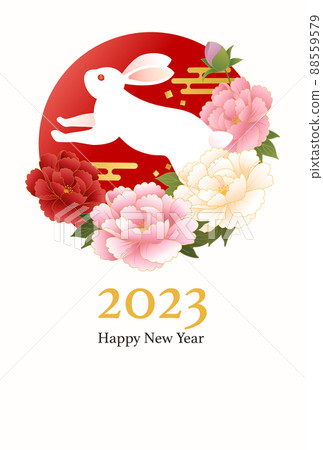 2023年牡丹兔日式新年賀卡矢量插圖模板 88559579