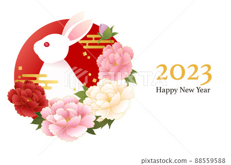 Vector illustration template for 2023 New Year's card with peony, rabbit and Japanese style Vector illustration template for 2023 New Year's card with peony, rabbit and Japanese style 88559588