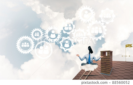 Concept of security and privacy protection with camera headed man meditating Concept of security and privacy protection with camera headed man meditating 88560052