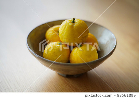 Yuzu ripened yellow in season when it was served in kintsugi pottery 88561899