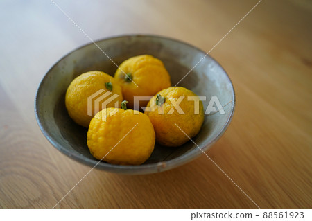 Yuzu ripened yellow in season when it was served in kintsugi pottery 88561923