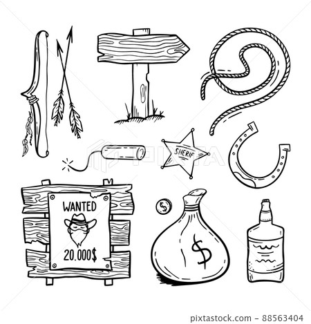 Wild West set Hand-drawn in doodle style Good for printing Symbol of Western Concept Isolated vector illustration Wild West set Hand-drawn in doodle style Good for printing Symbol of Western Concept Isolated vector illustration 88563404