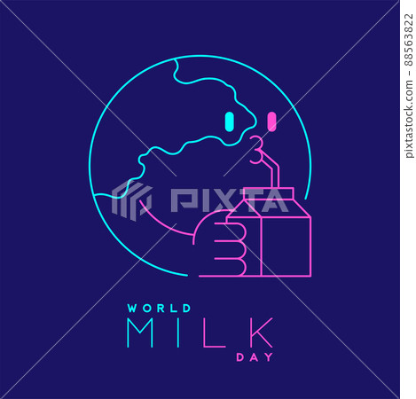 Logo World globe with milk box editable stroke blue and pink color, World Milk Day 2022 concept, cartoon minimal flat design illustration isolated on blue background with copy space, vector 88563822