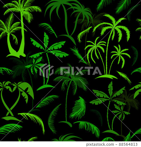 Vector seamless tropical pattern with palm tree on black background. Vector floral illustration for textile, print, wallpapers, wrapping. Vector seamless tropical pattern with palm tree on black background. Vector floral illustration for textile, print, wallpapers, wrapping. 88564813