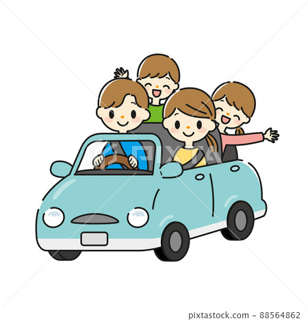 一家四口開車的插圖 88564862