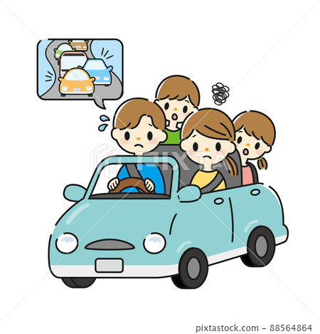 Illustration of a family of four caught in a traffic jam while driving Illustration of a family of four caught in a traffic jam while driving 88564864