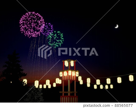 Summer festival with lanterns shining in the tower and fireworks launched at night 88565077