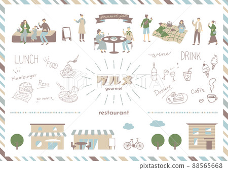 Cute hand-drawn illustrations with people who eat, cityscape set 88565668