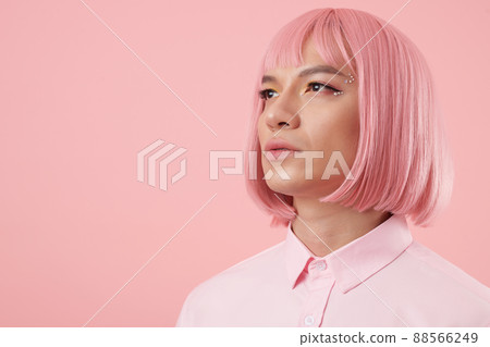 Man Wearing Pink Bob Wig Man Wearing Pink Bob Wig 88566249