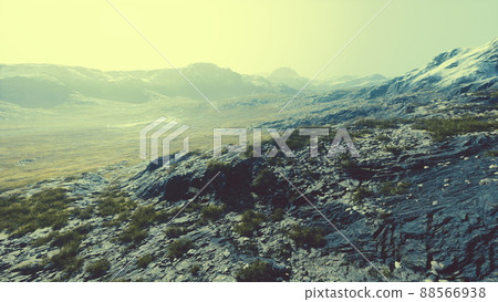 Beautiful scenic sunset view at mountain range and dry yellow grass in front Beautiful scenic sunset view at mountain range and dry yellow grass in front 88566938