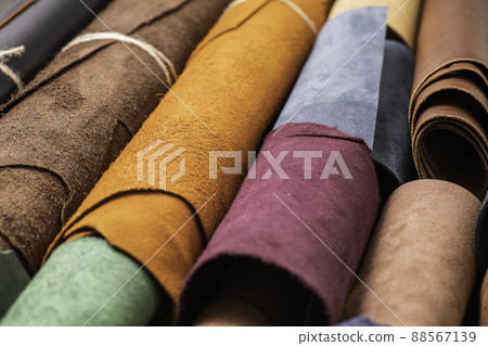 The pieces of the colored leathers. Raw materials for manufacture of bags, shoes, clothing and accessories. 88567139