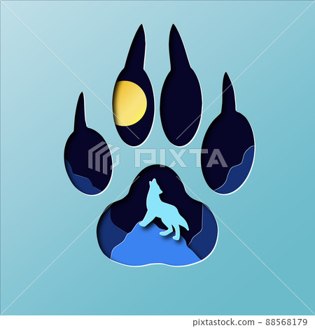 Paper cut deep style wolf trail and night wolf howling at the moon Paper cut deep style wolf trail and night wolf howling at the moon 88568179
