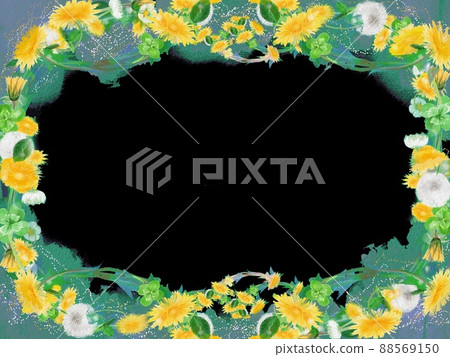 Analog style illustration Dandelions, white clover and clover flower frame and black background Analog style illustration Dandelions, white clover and clover flower frame and black background 88569150