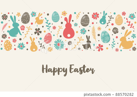 Happy Easter. Colourful eggs, bunnies and flowers on white background. Vector Happy Easter. Colourful eggs, bunnies and flowers on white background. Vector 88570282