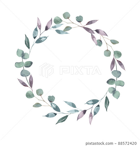 Watercolor christmas mint eucalyptus leaves wreath. New year illustration hand drawing isolated on white background. For holidays card, winter poster,banner,wallpaper,wrapping paper,design, print. Watercolor christmas mint eucalyptus leaves wreath. New year illustration hand drawing isolated on white background. For holidays card, winter poster,banner,wallpaper,wrapping paper,design, print. 88572420
