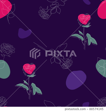 Floral seamless pattern. Linear flower branch of rose with bright spots on dark purple background. Vector illustration. Botanical drawing for decor, design, print, packaging, wallpaper and textile. Floral seamless pattern. Linear flower branch of rose with bright spots on dark purple background. Vector illustration. Botanical drawing for decor, design, print, packaging, wallpaper and textile. 88574145