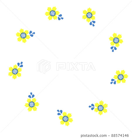 Round frame with blooming yellow flowers. Postcard napkin in yellow and blue tones, colors of Ukrainian flag. Vector illustration. Floral pattern for decor, design, print and napkins. Round frame with blooming yellow flowers. Postcard napkin in yellow and blue tones, colors of Ukrainian flag. Vector illustration. Floral pattern for decor, design, print and napkins. 88574146