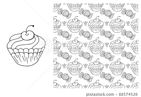 Coloring Cupcake. Set of element and seamless pattern Coloring Cupcake. Set of element and seamless pattern 88574526