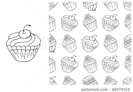 Coloring Cupcake. Set of element and seamless pattern 88574528