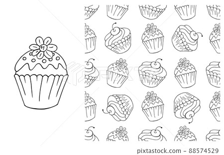 Coloring Cupcake. Set of element and seamless pattern 88574529