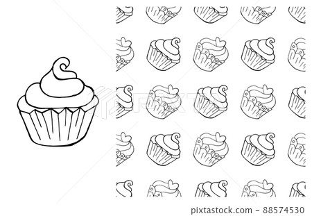 Coloring Cupcake. Set of element and seamless pattern 88574530