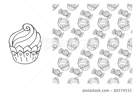 Coloring Cupcake. Set of element and seamless pattern Coloring Cupcake. Set of element and seamless pattern 88574531