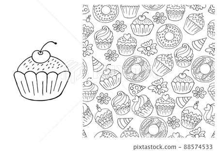 Coloring Cupcake. Set of element and seamless pattern Coloring Cupcake. Set of element and seamless pattern 88574533