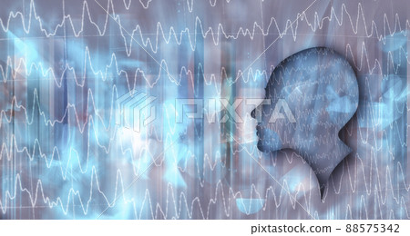 Electroencephalography concept. Medical background with patient profile silhouette and spike and waves EEG pattern with copy space. EEG used to be a first-line method of diagnosis for tumors, stroke 88575342
