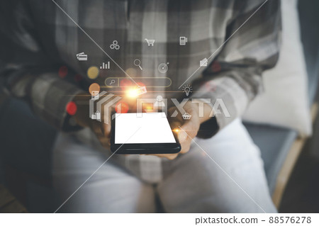 Women using mobile phone. Close up women hand use smart phone connect to internet for application technology digital marketing Financial and banking shopping. Digital link tech, big data. Women using mobile phone. Close up women hand use smart phone connect to internet for application technology digital marketing Financial and banking shopping. Digital link tech, big data. 88576278