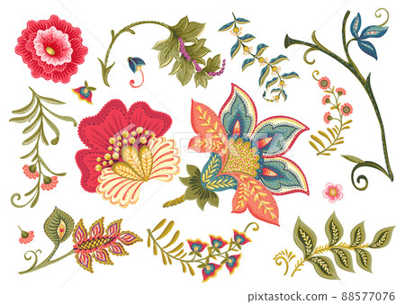 Fantasy flowers in retro, vintage, jacobean embroidery style. Fantasy flowers in retro, vintage, jacobean embroidery style. 88577076