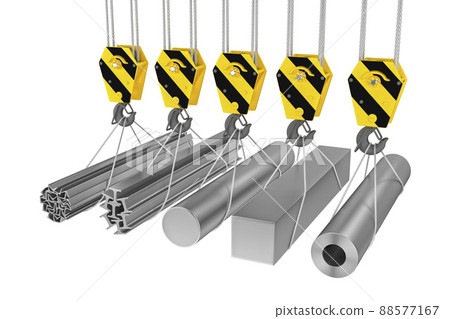 Rolled metal products suspended on a crane. 3d render 88577167